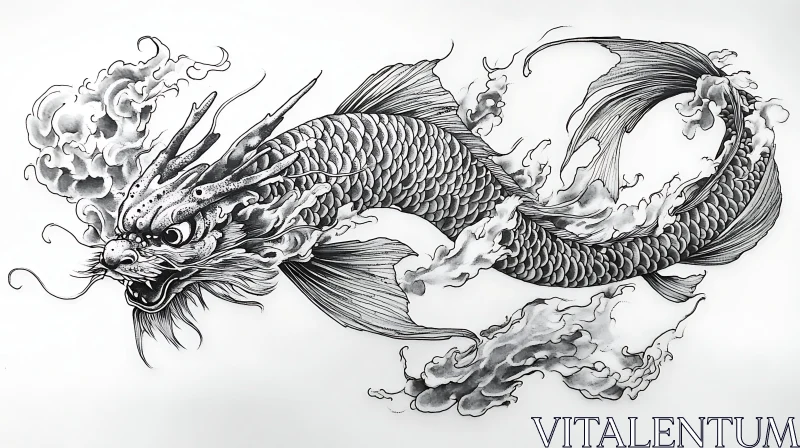 Detailed Dragon Sketch in Black and White AI Image