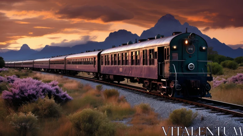 Captivating Visual Storytelling: Purple Train and Majestic Mountains AI Image