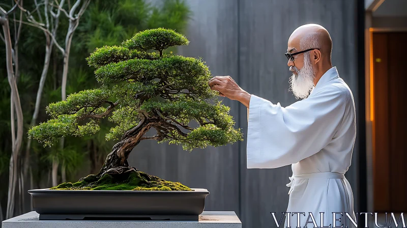 Tranquil Bonsai Tree Pruning Scene AI Image