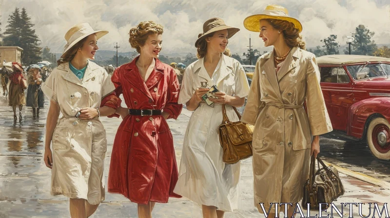 Charming Street Scene with Four Women in Trench Coats | Artistic Painting AI Image