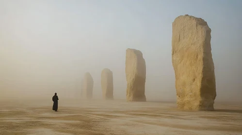 Mystical Desert Monoliths Under Fog