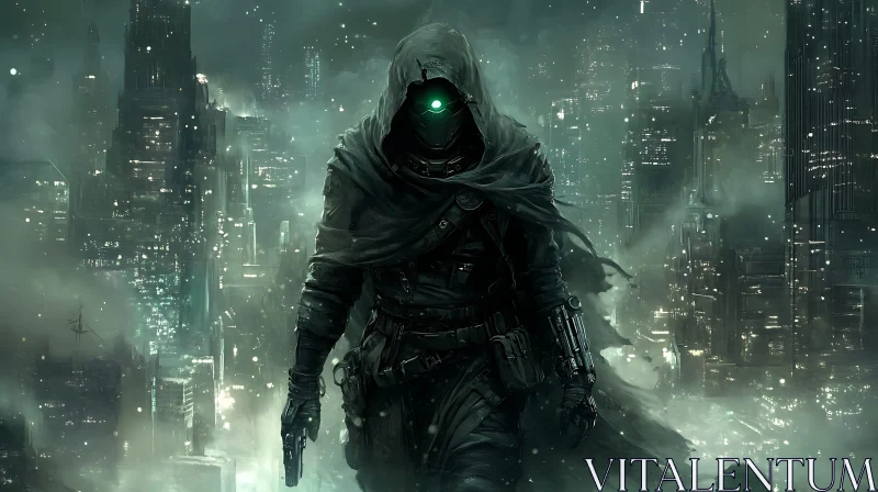 Hooded Figure in Cyberpunk City AI Image