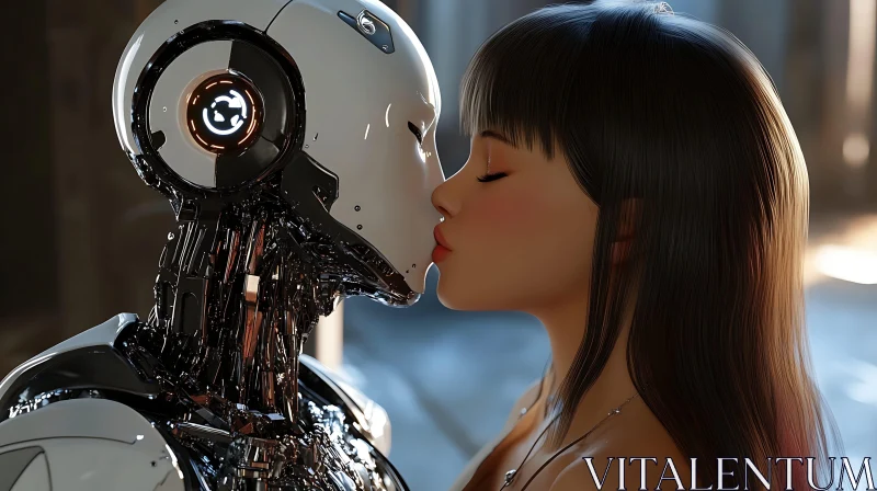 AI ART Futuristic Romance: Cyborg and Woman Kissing