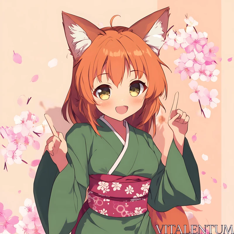 Cute Anime Fox Girl with Cherry Blossoms AI Image