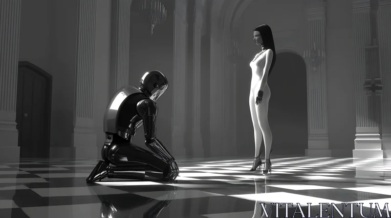 Robot and Human in Contrasting Black and White AI Image