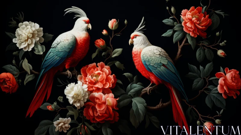 Exquisite Parrots on Rose Branch - A Blend of Eastern and Western Art Influences AI Image