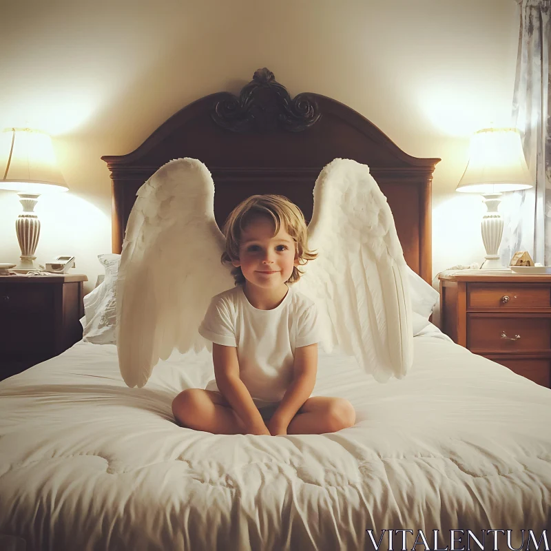 Serene Child Angel on Bed AI Image