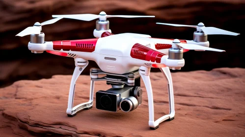White and Red Drone on Rock Surface - A Precisionist Style Artwork