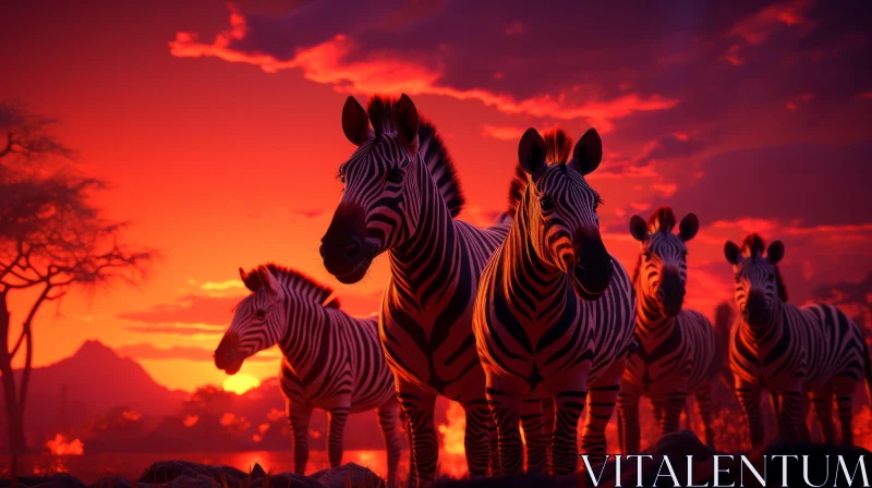 Zebras under the Richly Colored Sky - Matte Painting Artwork AI Image