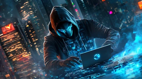 Hooded Hacker in Futuristic City