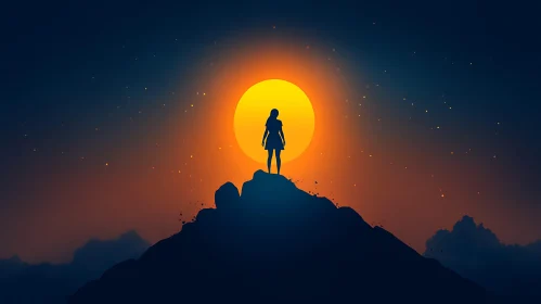 Woman Silhouette Sunset Mountain Top