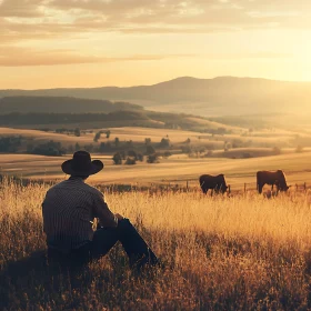 Golden Sunset with Cowboy and Cattle