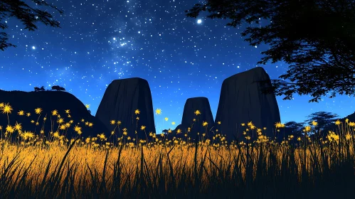 Golden Field Under Starry Night