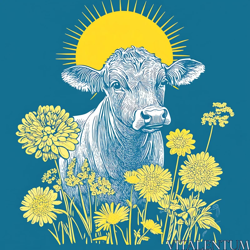 Pastoral Cow with Floral and Sun AI Image