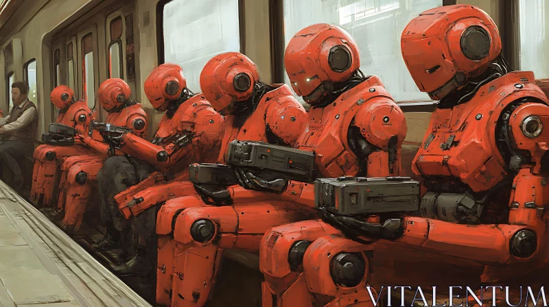 Red Robots on Public Transport AI Image