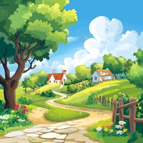 Cartoon Countryside Scene with Houses and Nature