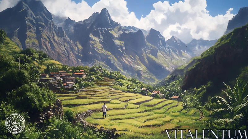 Lush Green Rice Fields with Mountain View AI Image