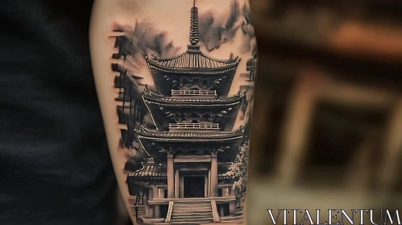 Detailed Japanese Pagoda Tattoo on Arm AI Image