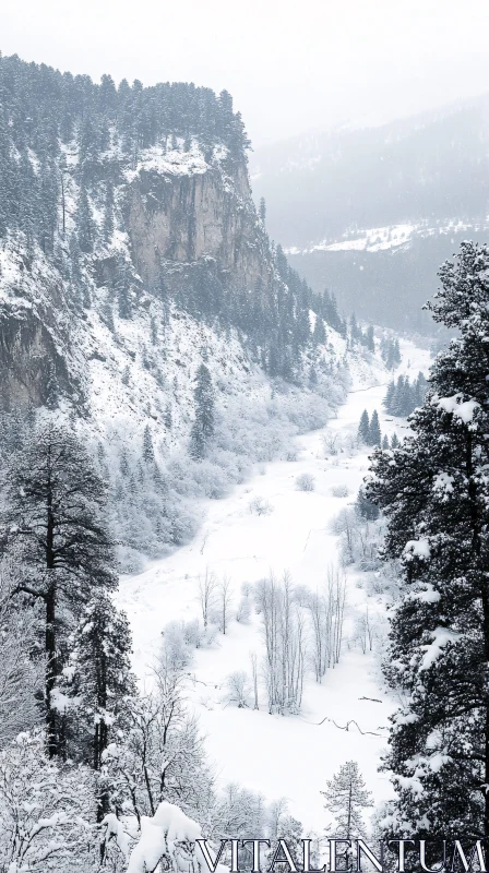 Peaceful Winter Mountain Scene with Snow and Trees AI Image