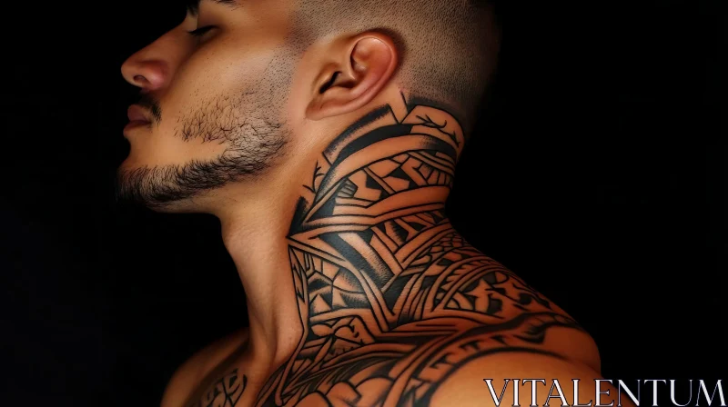 Intricate Tribal Tattoo on Neck and Shoulder AI Image