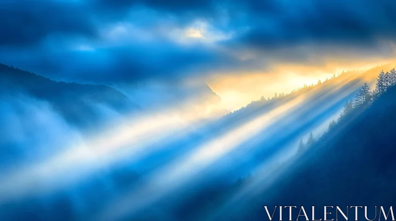 AI ART Golden Rays and Misty Mountains