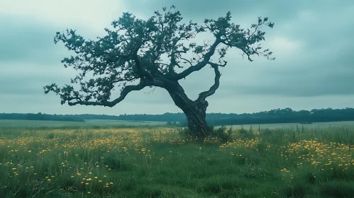 Solitary Tree in Field of Flowers