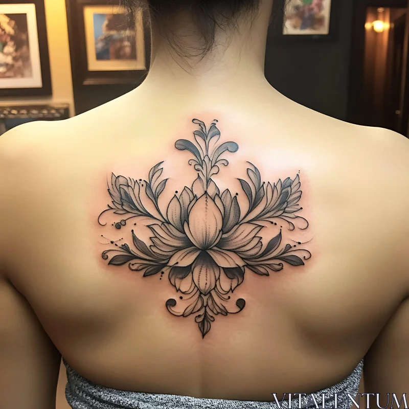 Floral Blackwork Tattoo on Upper Back AI Image