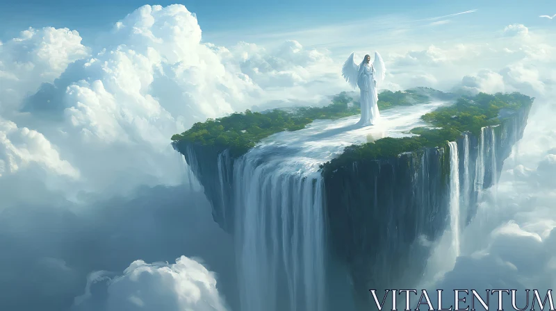 Angel on Floating Waterfall Island AI Image