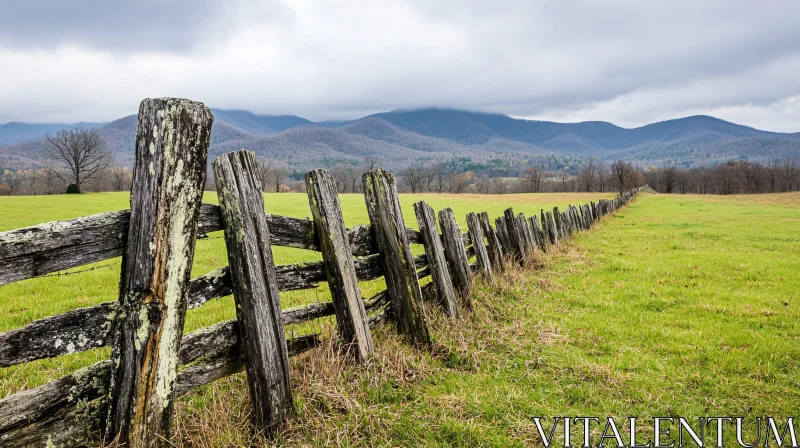 Pastoral Scene with Wooden Fence and Mountains AI Image