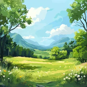 Scenic View of Green Field and Mountains