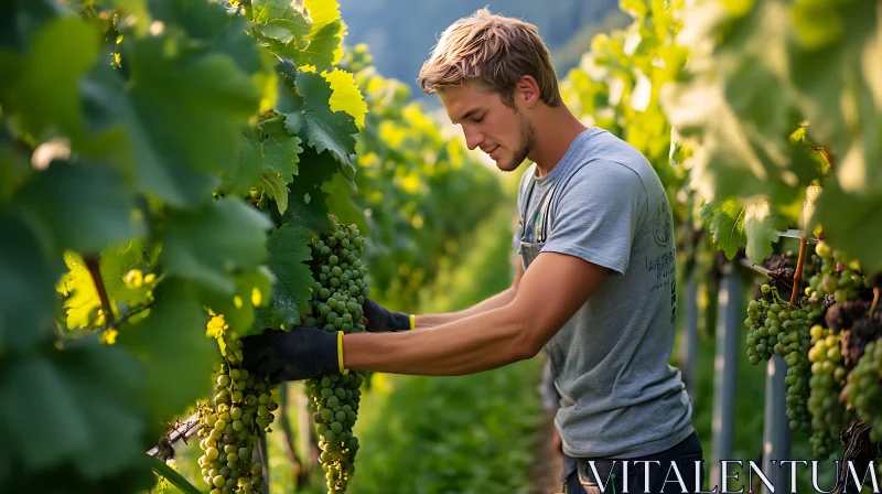 AI ART Man Harvesting Grapes in Vineyard