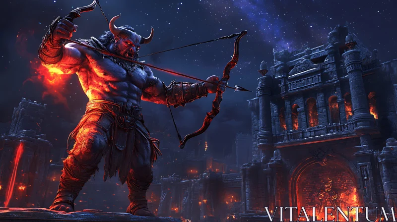 Horned Warrior with Bow at Fortress Gate AI Image