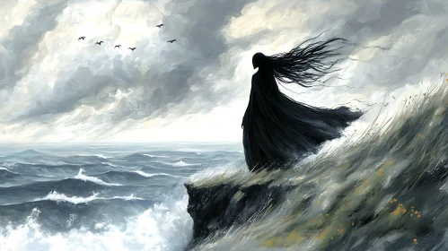 Woman in Black by the Sea