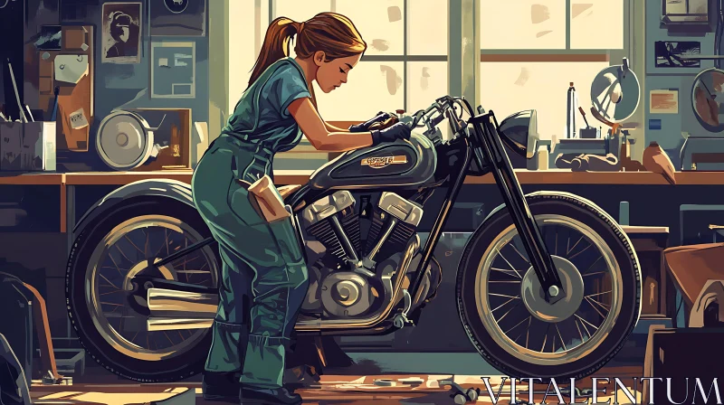 Motorcycle Restoration Art: A Woman's Touch AI Image