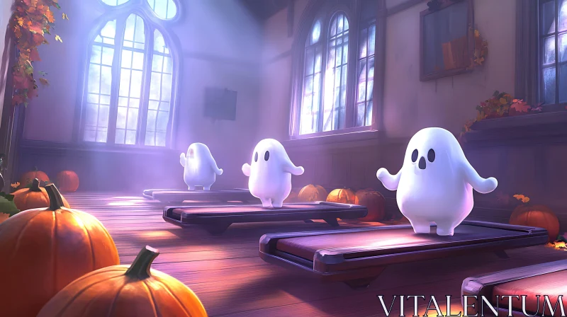 AI ART Whimsical Halloween Ghosts Pumpkins Scene