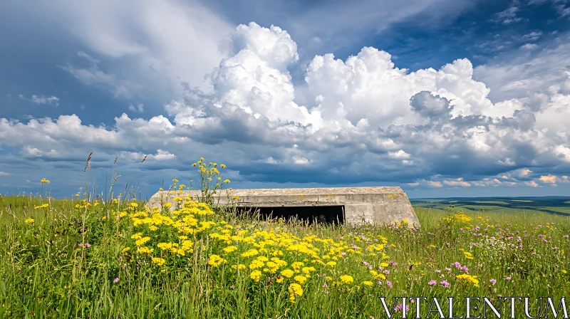 AI ART Concrete Bunker with Yellow Flowers