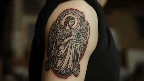 Grayscale Angelic Tattoo Design on Arm