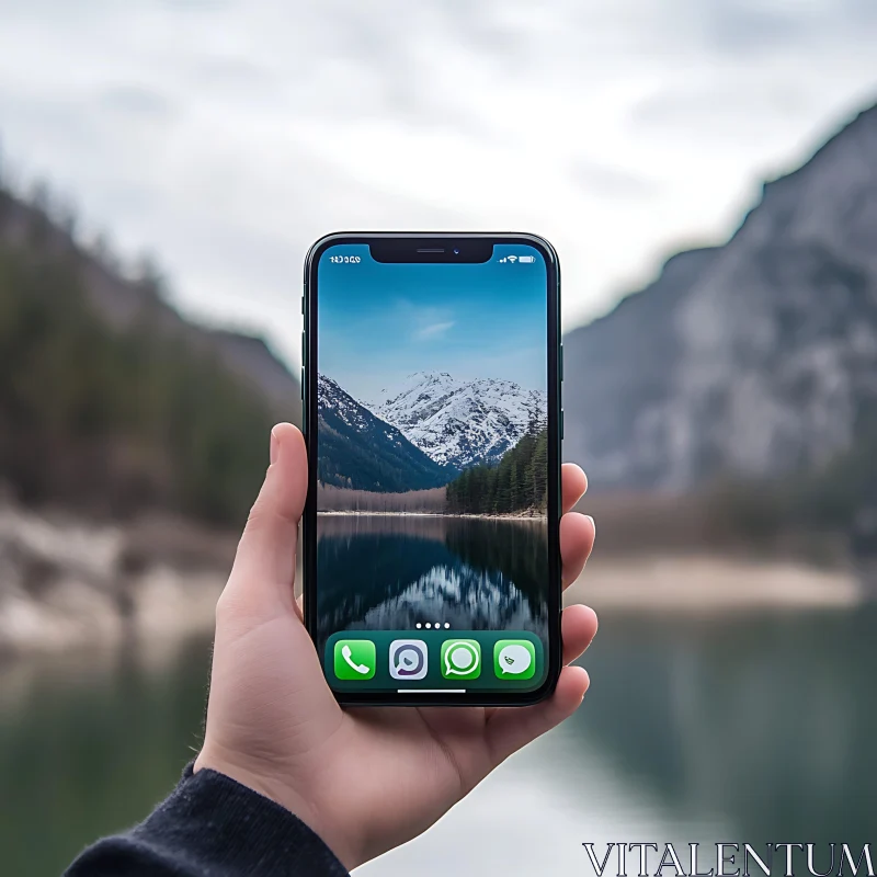 Phone Displaying Mountain Lake Landscape AI Image