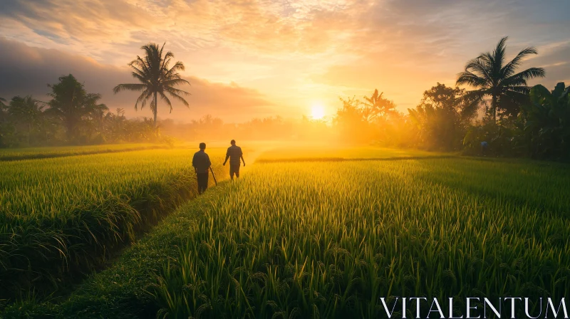 Farmers at Sunrise Rice Field AI Image