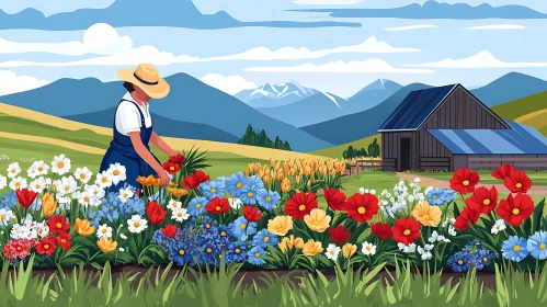 Woman gardening in a flower field