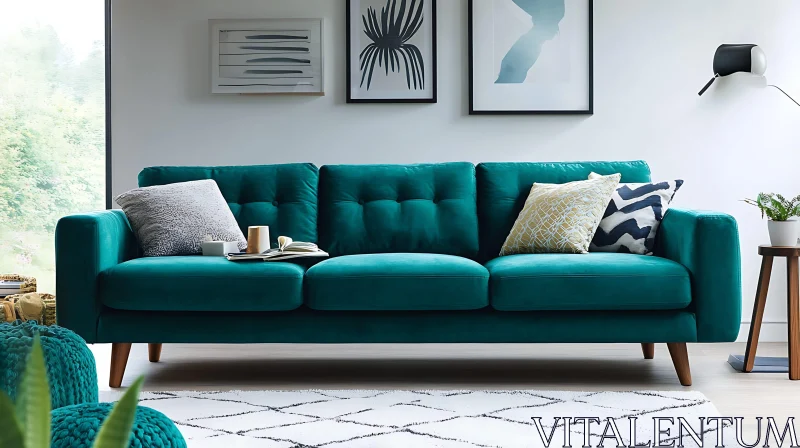 Teal Sofa with Pillows and Wall Art AI Image