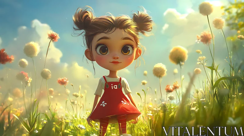 AI ART Cartoon Girl in a Floral Field