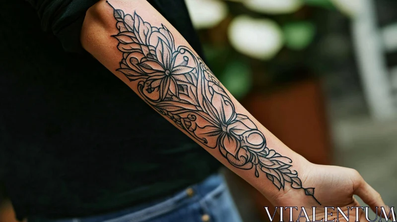 Detailed Black Ink Floral Tattoo AI Image