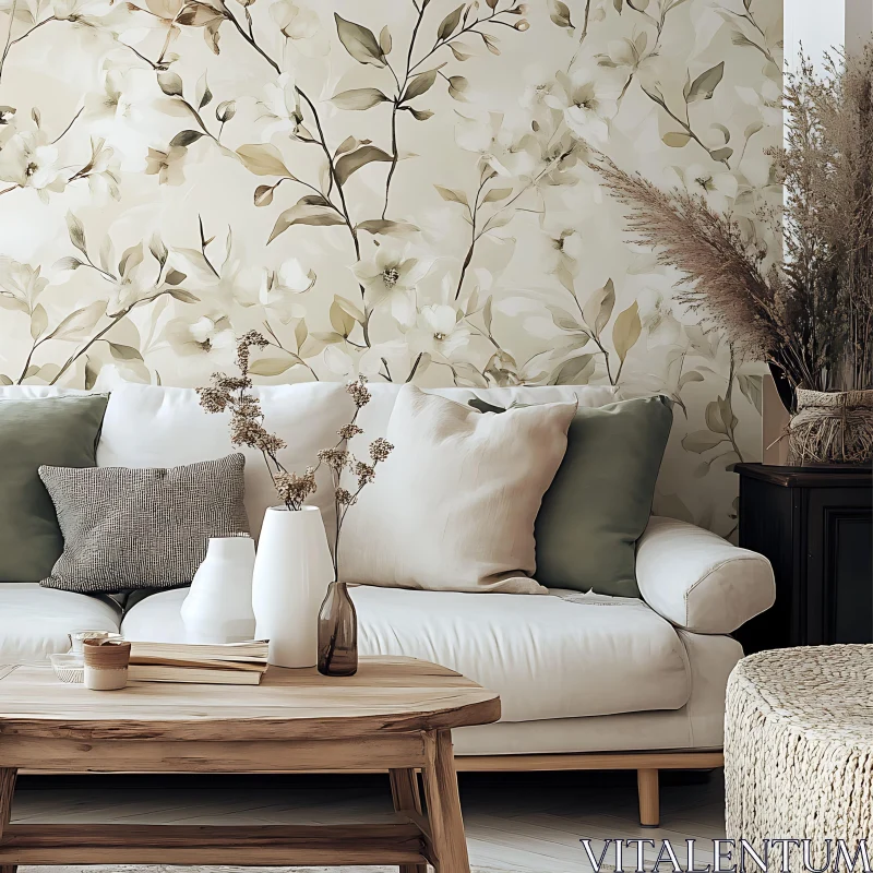 Cozy Home Interior with Floral Wallpaper AI Image