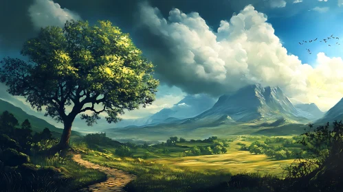 Picturesque Mountain Vista with Tree