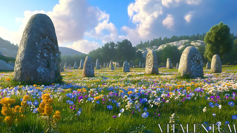 AI ART Ancient Stones Among Blooming Flowers