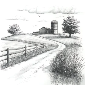 Pencil Farm Drawing: Countryside Scene