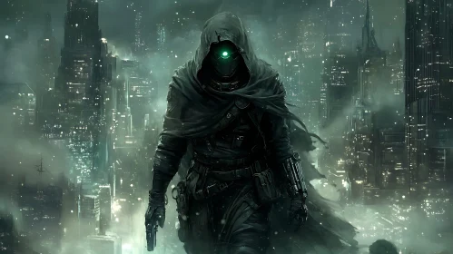 Hooded Figure in Cyberpunk City