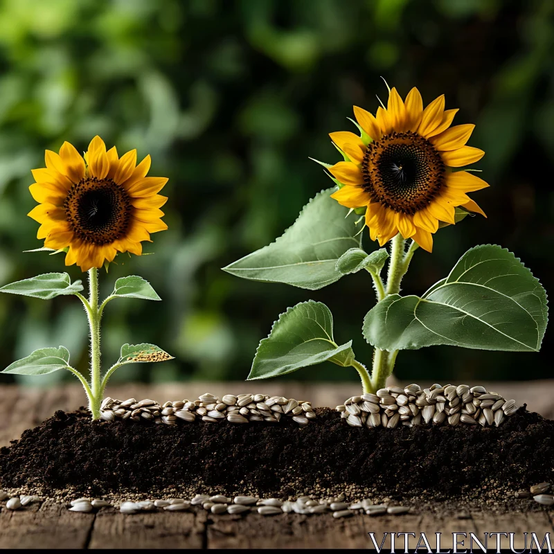 Two Blooming Sunflowers with Seeds AI Image