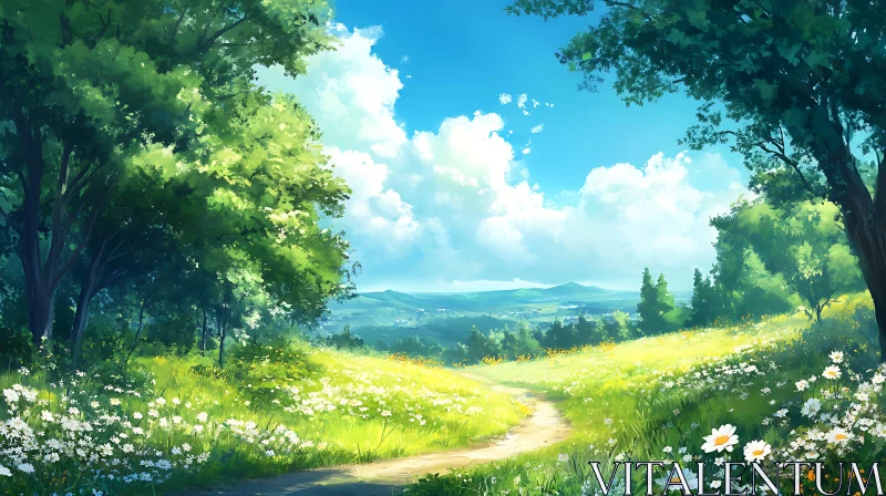 AI ART Sunlit Path Through Flower Meadow